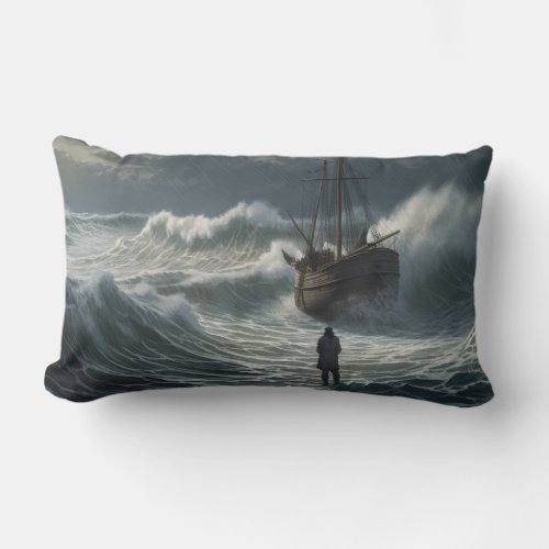 Stormy Seas Ship _ Walk on Water Lumbar Pillow