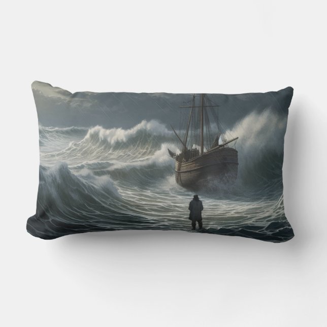 Stormy Seas Ship - Walk on Water Lumbar Pillow (Front)