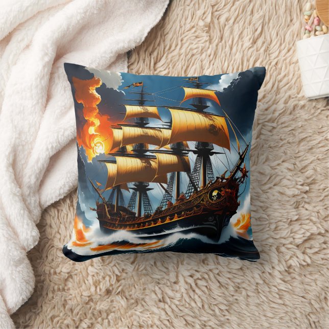 Stormy Seas With a Pirate Ship at Dusk Throw Pillow (Blanket)