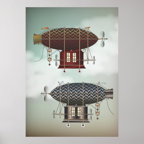 Stormy Skies Airship Noir  Rouge Steampunk Travel Poster