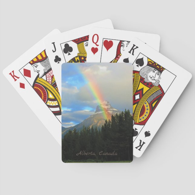 Stormy Skies & Rainbow Over Forest Snowy Mountain Poker Cards (Back)