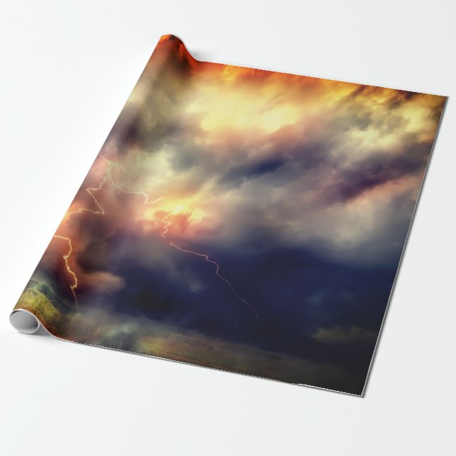 STORMY SKY WITH LIGHTNING ORANGE AND DARK BLUE  WRAPPING PAPER (Unrolled)