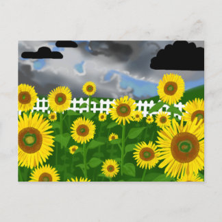 Stormy Sunflowers with White Picket Fence Postcard
