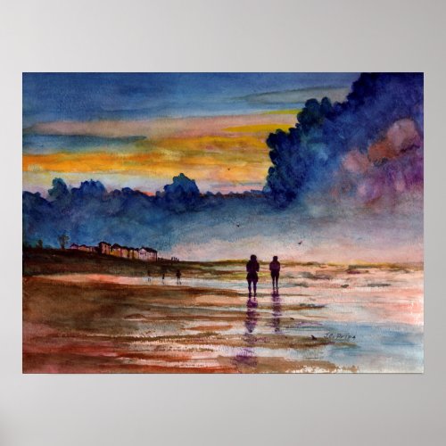 Stormy Sunset Beach Combing Watercolor Seascape Poster