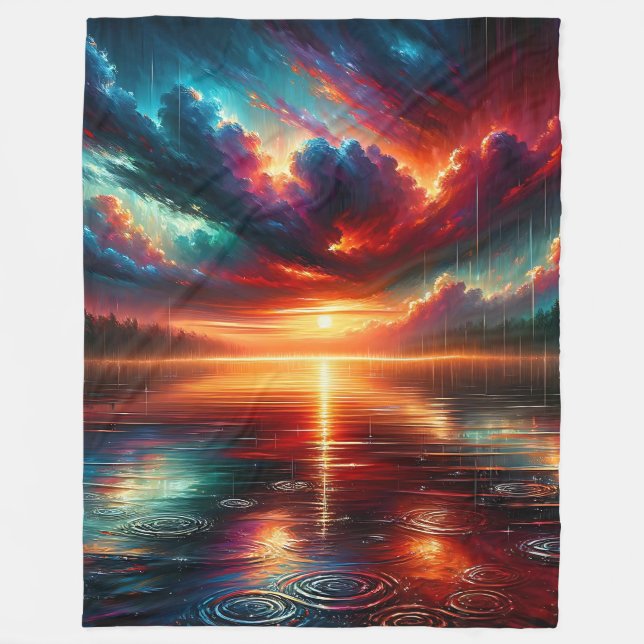 “Stormy Sunset Over Serene Lake” Fleece Blanket (Front)