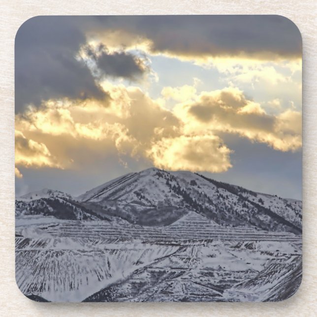 Stormy Sunset Over Snow Capped Mountains Coaster (Front)