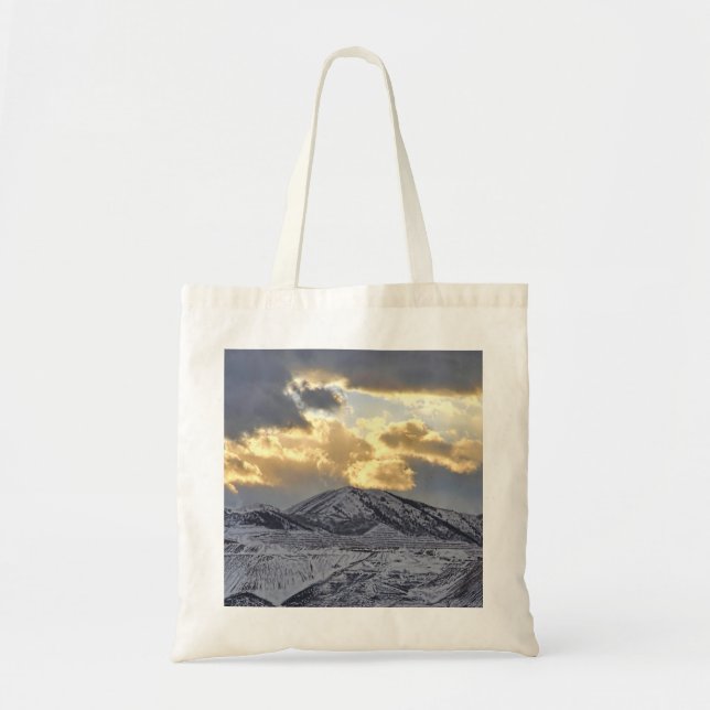Stormy Sunset Over Snow Capped Mountains Tote Bag (Front)