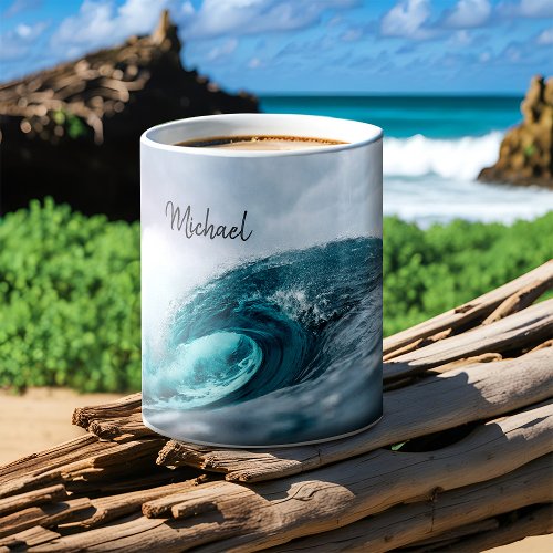 Stormy Teal Blue Ocean Wave Rough Water Surfing Coffee Mug