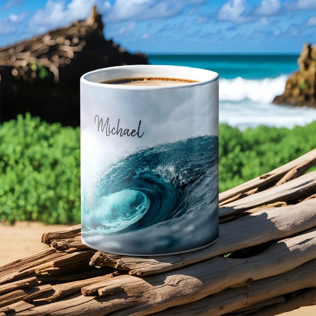 Stormy Teal Blue Ocean Wave Rough Water Surfing Coffee Mug (Ocean wave personalized surfing mug)