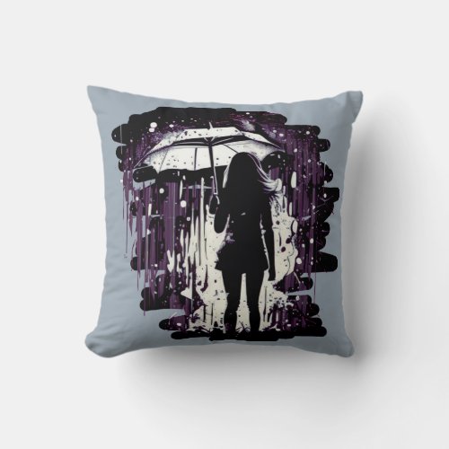 Stormy Weather Silhouette Girl in Rain with  Throw Pillow