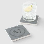Stormy Weather Slate Gray Solid Color Monogram Stone Coaster (Side)