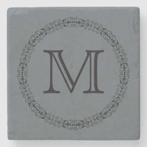 Stormy Weather Slate Gray Solid Color Monogram Stone Coaster
