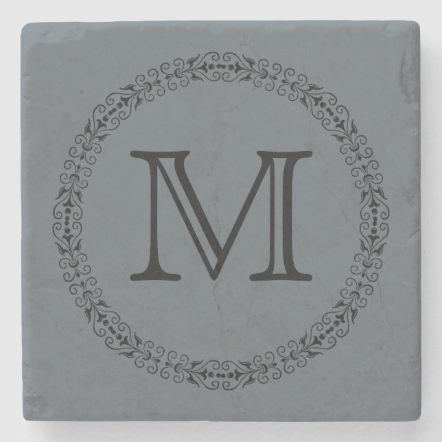 Stormy Weather Slate Gray Solid Color Monogram Stone Coaster (Front)