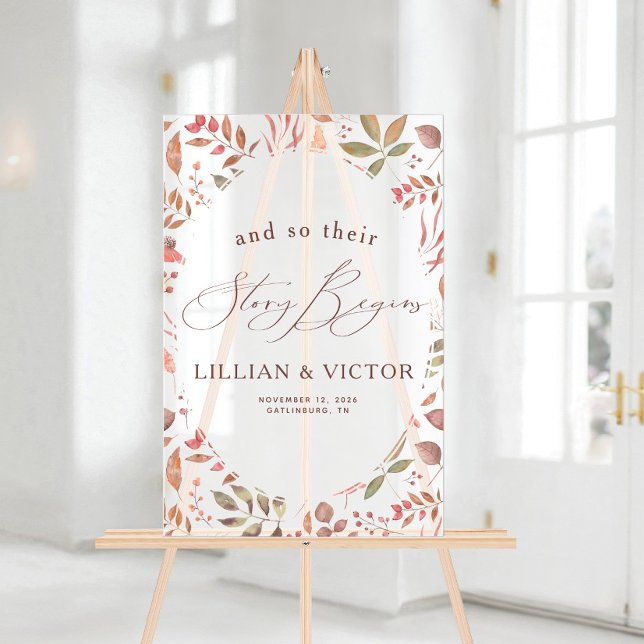 Story Begins Autumn Leaves Wedding Welcome Acrylic Sign (Creator Uploaded)
