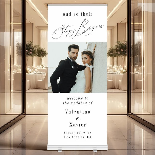 Story Begins Elegant Wedding Photo Welcome Retractable Banner (Elegant Wedding Photo Banner for Welcome Display)