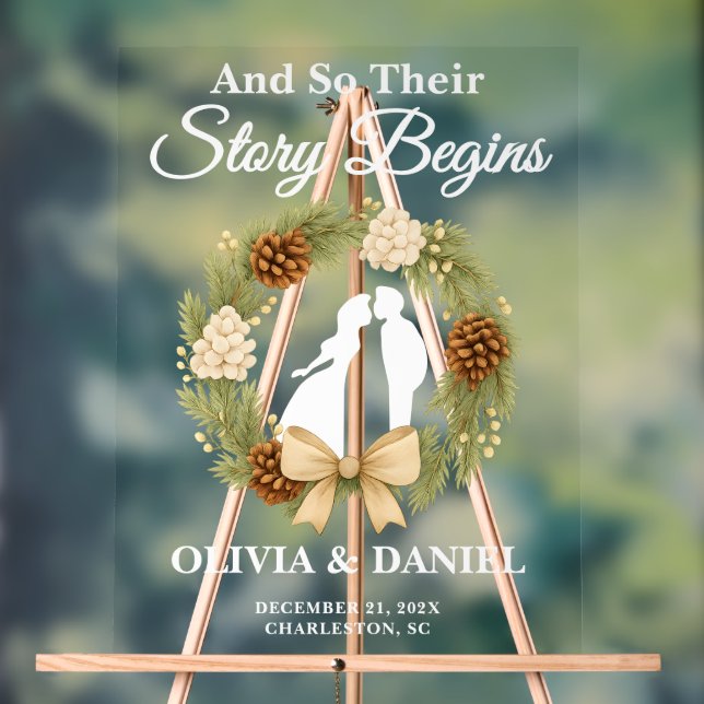 Story Begins Pine Greenery Wreath Wedding Welcome Acrylic Sign (Neutral)