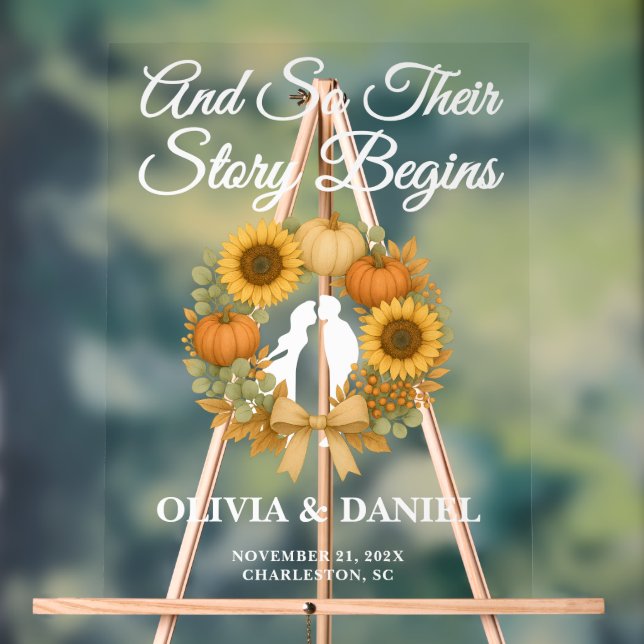 Story Begins Pumpkin Wreath Fall Wedding Welcome Acrylic Sign (Neutral)