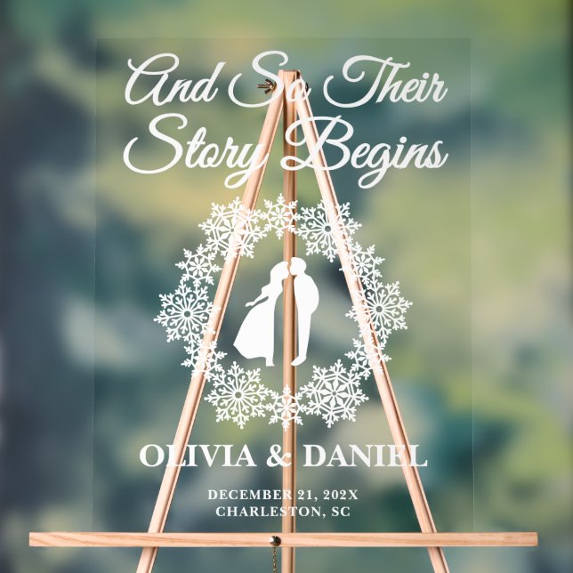 Story Begins Snowflake Winter Wedding Welcome Acrylic Sign (Neutral)