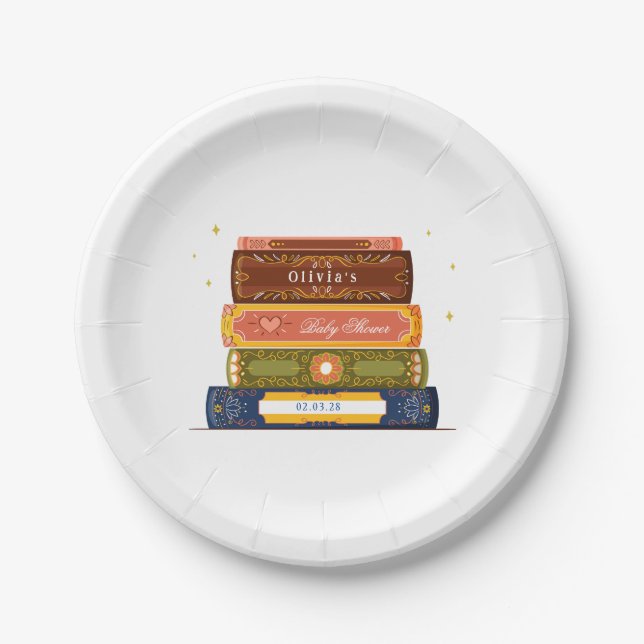 Story Book Library Onto Next Chapter Baby Shower Paper Plates (Front)