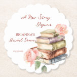 Story book new chapter bridal shower favors paper coaster<br><div class="desc">Story book new chapter bridal shower monogram printed paper coasters template personalized tableware,  books reading themed bridal shower favors  personalized table decor,  watercolor pile of books and blush roses casual handwriting font bridal shower theme for bookworms customized coasters</div>