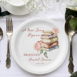 Story book new chapter bridal shower printed paper plates<br><div class="desc">Story book new chapter bridal shower monogram printed paper plates template personalized tableware,  books reading themed bridal shower plates  personalized table decor,  watercolor pile of books and blush roses casual handwriting font bridal shower theme for bookworms</div>