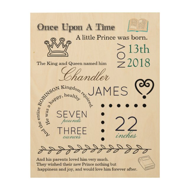 Story Book Prince Newborn Birth Stat Wood Art (Front)