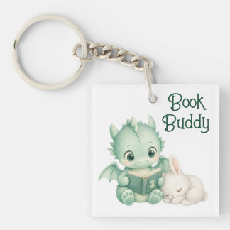 Storybook Baby Dragon Reading with Bunny Keychain