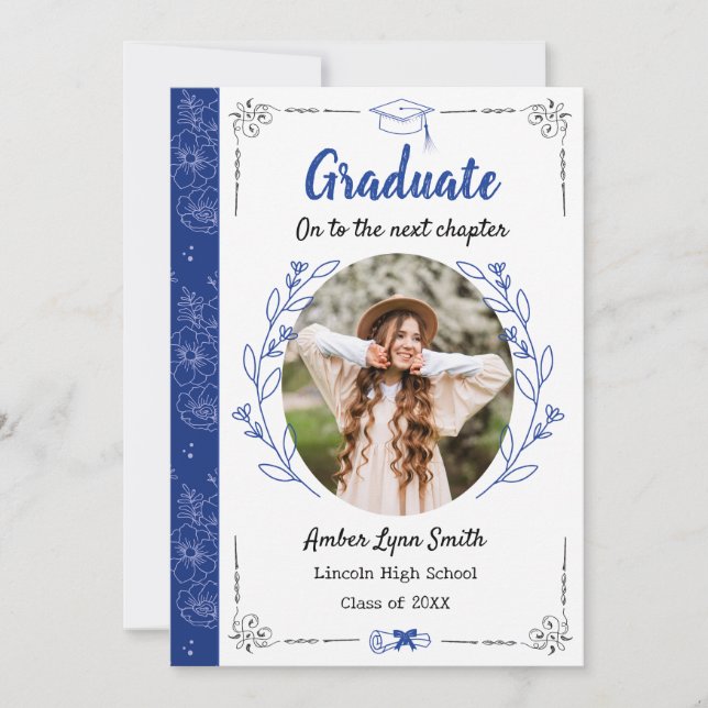 Storybook Blooms Graduation Photo Card, Royal Blue Invitation (Front)