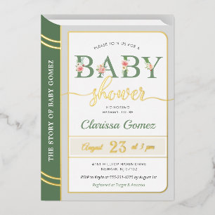 Storybook Book Cover Baby Boy Shower Green Gold Foil Invitation