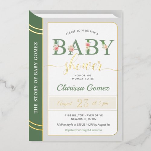Storybook Book Cover Baby Boy Shower Green Gold Foil Invitation