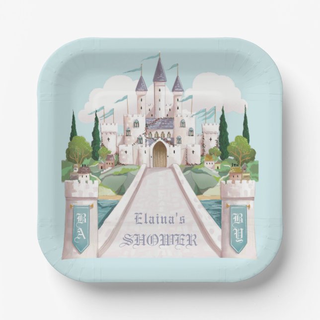 Storybook Castle Illustrated Blue Baby Shower Paper Plates (Front)