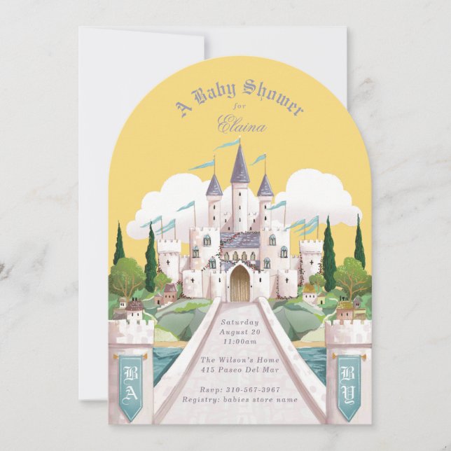 Storybook Castle Illustrated Yellow Baby Shower Invitation (Front)
