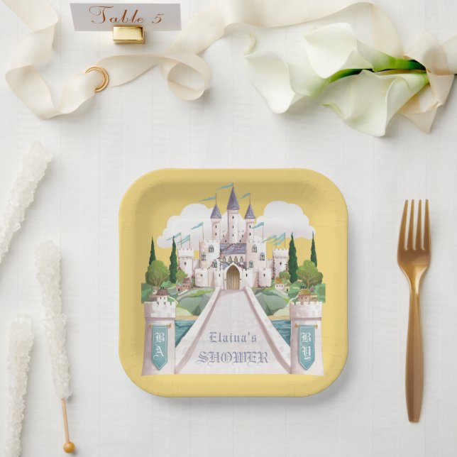 Storybook Castle Illustrated Yellow Baby Shower Paper Plates (Wedding)