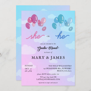 Storybook Cute Balloons Clouds Gender Reveal Party Invitation