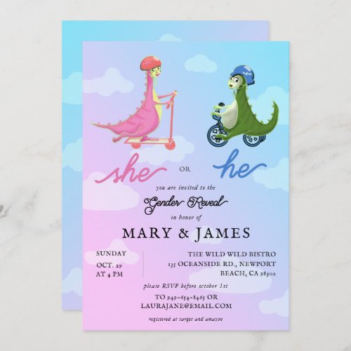 Storybook Cute Dinosaurs Gender Reveal Party Invitation