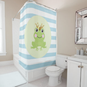 Storybook Fairy Tale Frog Prince Blue Stripes Shower Curtain