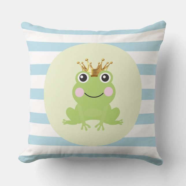 Storybook Fairy Tale Frog Prince Blue Stripes Throw Pillow (Front)