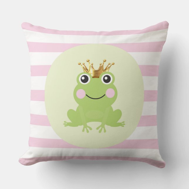 Storybook Fairy Tale Frog Prince Pink Stripes Throw Pillow (Front)