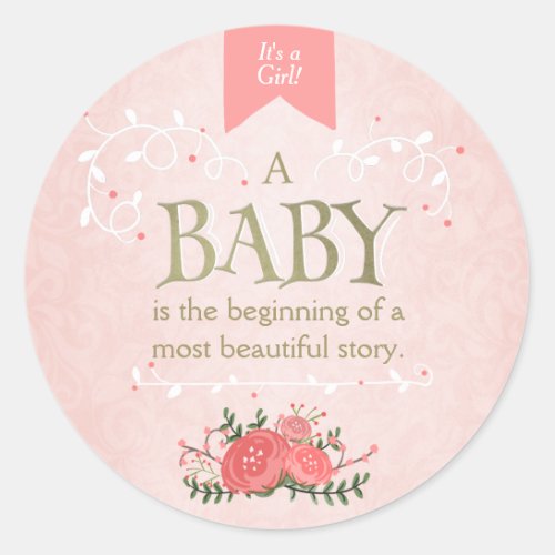Storybook Girl baby shower Pink Gold Sticker seal