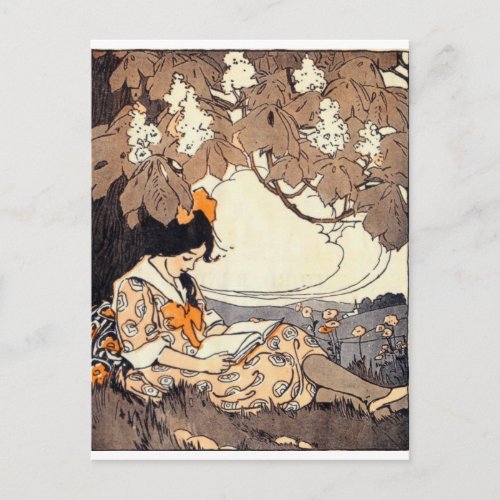 Storybook Girl Under Tree vintage Postcard