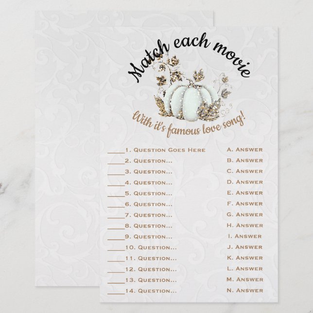 Storybook Gold White Pumpkin Bridal Match Game (Front/Back)