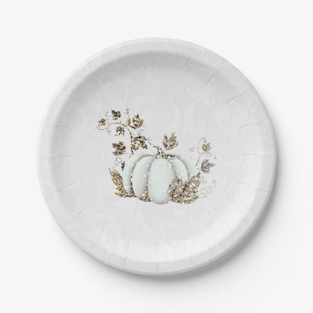 Storybook Gold White Pumpkin Fairy Tale Party Paper Plates (Front)