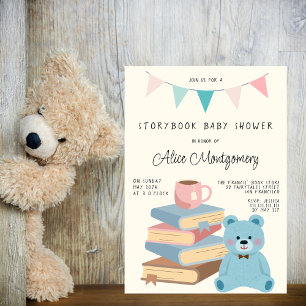 Storybook Library Blue Teddy Baby Boy Shower Invitation