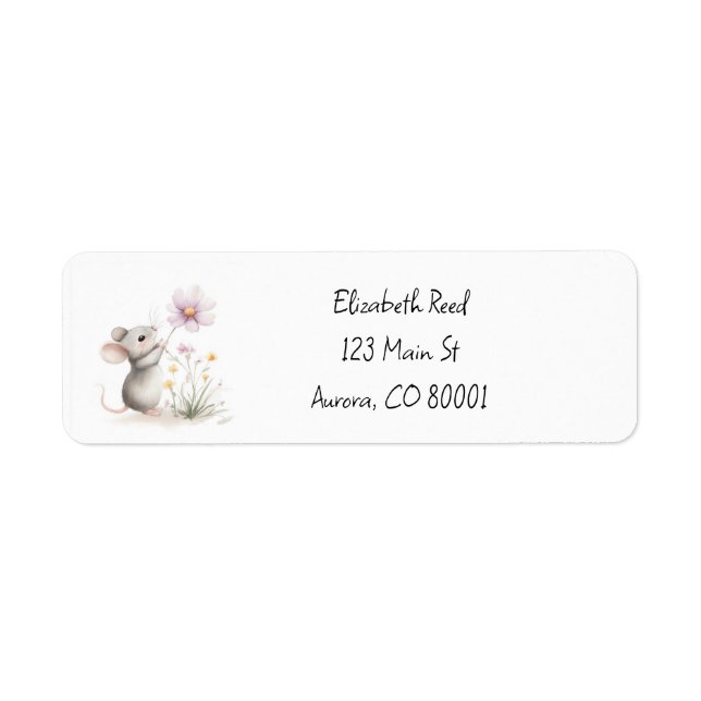 Storybook Mouse picking a Pink WIldflower Label (Front)