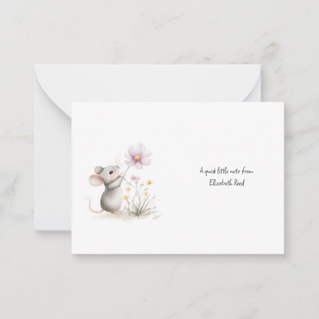 Storybook Mouse Picking a Pink Wildflower Note Card (Front)