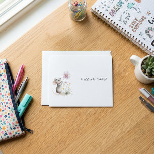 Storybook Mouse Picking a Pink Wildflower Note Card