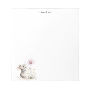 Storybook Mouse Picking a Pink Wildflower Notepad