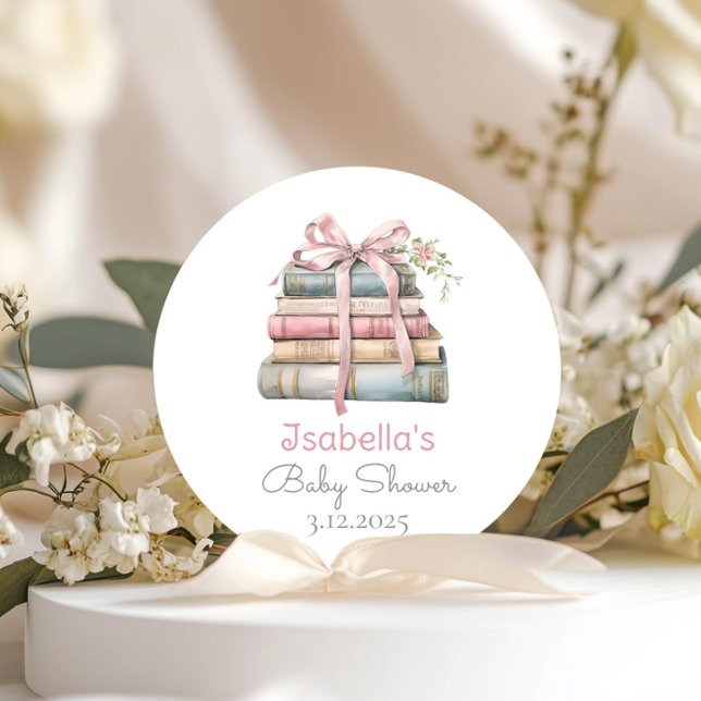 Storybook New Chapter Pink bow girl baby shower Classic Round Sticker (Creator Uploaded)