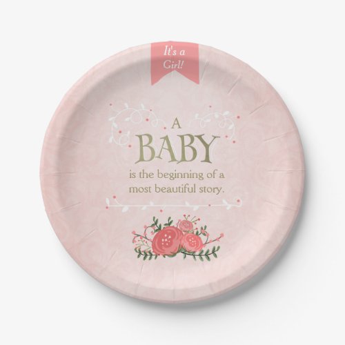 Storybook Paper Plates Baby shower Girl Pink Gold