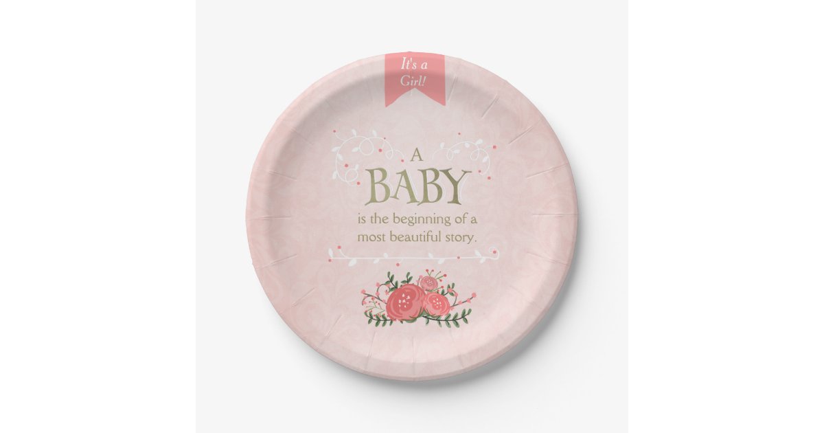 Storybook Paper Plates Baby shower Girl Pink Gold Zazzle